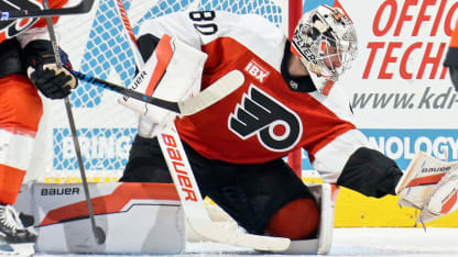 PHILADELPHIA, PENNSYLVANIA - MARCH 14: Dan Vladar #80 of the Philadelphia Flyers makes a glove save during the third period against the Columbus Blue Jackets at the Xfinity Mobile Arena on March 14, 2026 in Philadelphia, Pennsylvania. (Photo by Len Redkoles/NHLI via Getty Images)