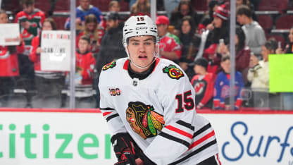 NEWARK, NJ - MARCH 29: Anton Frondell #15 of the Chicago Blackhawks skates during warm up prior to the game against the New Jersey Devils on March 29, 2026 at the Prudential Center in Newark, New Jersey. (Photo by Rich Graessle/NHLI via Getty Images)