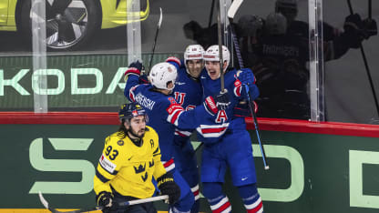 Zach Werenski, Matty Beniers and Michael Eyssimont of USA celebrate and Mika Zibanejad of Sweden looks dejected after 0-4 during the 2025 IIHF Ice Hockey World Championship semifinal game between Sweden and USA on May 24, 2025 in Stockholm. Photo: Joel Marklund / BILDBYRÅN / kod JM / JM0694 ishockey ice hockey ishockey-vm 2025 vm 2025 iihf world championship sverige sweden usa bbeng bbauto jubel depp (Photo by JOEL MARKLUND/Bildbyran/Sipa USA)(Sipa via AP Images)