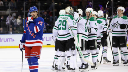 Brett Berard #65 of the New York Rangers reacts to the overtime loss to the Dallas Stars at Madison Square Garden on January 07, 2025 in New York City. The Stars defeated the Rangers 5-4 in overtime. (Photo by Bruce Bennett/Getty Images)