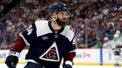 Brent Burns #84 of the Colorado Avalanche plays in his 1,500th career NHL game against the Dallas Stars in the first period at Ball Arena on October 11, 2025 in Denver, Colorado. (Photo by Matthew Stockman/Getty Images)