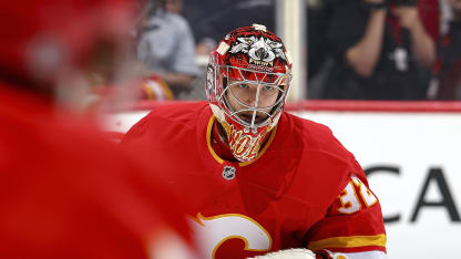 Dustin Wolf #32 of the Calgary Flames skates during warmup prior to the game against the San Jose Sharks at Scotiabank Saddledome on April 13, 2025 in Calgary, Alberta, Canada. (Photo by Gerry Thomas/NHLI via Getty Images)