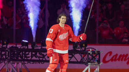 Moritz Seider #53 of the Detroit Red Wings is introduced before the game against the Pittsburgh Penguins at Little Caesars Arena on October 10, 2024 in Detroit, Michigan. Pittsburgh defeated Detroit 6-3. (Photo by Dave Reginek/NHLI via Getty Images)