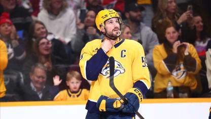 Nashville Predators defenseman Roman Josi (59) adjusts his neck gear that assists with his POTS disorder in the third period against the Washington Capitals at Bridgestone Arena on January 11, 2026 in Nashville, Tennessee. (Photo by Casey Gower/NHLI via Getty Images)