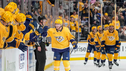 Gustav Nyquist #14 of the Nashville Predators celebrates his goal against the Boston Bruins during an NHL game at Bridgestone Arena on October 22, 2024 in Nashville, Tennessee. (Photo by John Russell/NHLI via Getty Images)