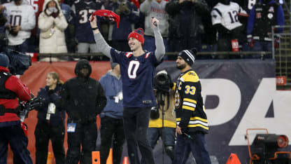 Chara fires up the crowd after his number was retired earlier in the week by the Boston Bruins during an AFC Divisional Round game between the New England Patriots and the Houston Texans on January 18, 2026, at Gillette Stadium in Foxborough, Massachusetts. (Photo by Fred Kfoury III/Icon Sportswire via Getty Images)
