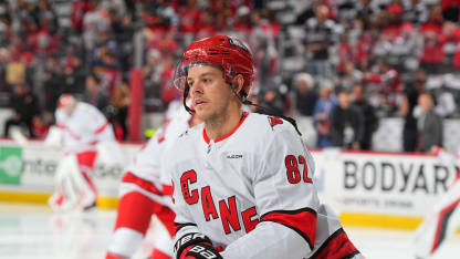 Jesperi Kotkaniemi #82 of the Carolina Hurricanes skates during warm up prior to Game Four of the First Round of the 2025 Stanley Cup Playoffs against New Jersey Devils at Prudential Center on April 27, 2025 in Newark, New Jersey. (Photo by Rich Graessle/NHLI via Getty Images)