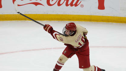 James Hagens #10 of the Boston College Eagles shoots the puck against the Boston University Terriers in the second period during NCAA hockey in the championship game of the annual Beanpot Hockey Tournament at TD Garden on February 10, 2025 in Boston, Massachusetts. The Terriers won 4-1. (Photo by Richard T Gagnon/Getty Images)