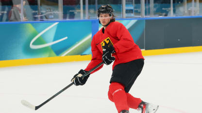 Moritz Seider #53 of Team Germany participates during training on day three of the Milano Cortina 2026 Winter Olympic games at Milano Santagiulia Ice Hockey Arena on February 09, 2026 in Milan, Italy. (Photo by Bruce Bennett/Getty Images)
