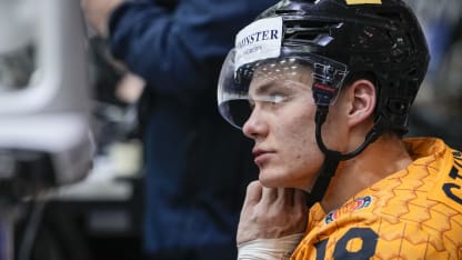 Tim Stutzle of Germany into the penalty box during the 2022 IIHF Ice Hockey World Championship match between Germany and Canada at Helsinki Ice Hall on May 13, 2022 in Helsinki, Finland. (Photo by Jari Pestelacci/Eurasia Sport Images/Getty Images)