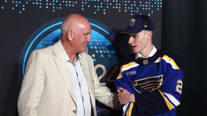 President and general manager Doug Armstrong of the St. Louis Blues talks with 16th overall pick Adam Jiricek during the first round of the 2024 Upper Deck NHL Draft at Sphere on June 28, 2024 in Las Vegas, Nevada. (Photo by Jeff Vinnick/NHLI via Getty Images)