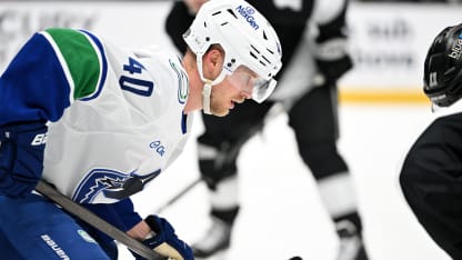 Vancouver Canucks Center Elias Pettersson (40) waits to take a face off during a Los Angeles Kings game versus the Vancouver Canucks on November 7th, 2024, at the Crypto.com Arena in Los Angeles, CA. (Photo by Rob Curtis/Icon Sportswire via Getty Images)