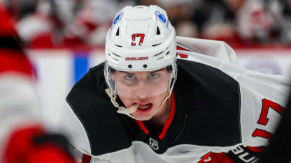 Simon Nemec #17 of the New Jersey Devils prepares for a first period face-off against the Winnipeg Jets at Canada Life Centre on January 11, 2026 in Winnipeg, Manitoba, Canada. (Photo by Jonathan Kozub/NHLI via Getty Images)