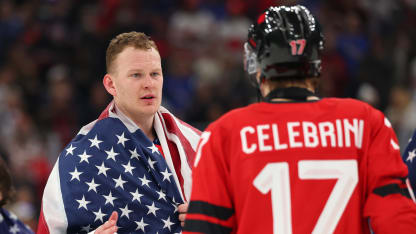Brady Tkachuk #7 of Team United States shakes hands with Macklin Celebrini #17 of Team Canada after the team's 2-1 overtime victory in the Men's Gold Medal match between Canada and the United States on day 16 of the Milano Cortina 2026 Winter Olympic games at Milano Santagiulia Ice Hockey Arena on February 22, 2026 in Milan, Italy. (Photo by Gregory Shamus/Getty Images)