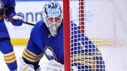 BUFFALO, NEW YORK - JANUARY 06: Ukko-Pekka Luukkonen #1 of the Buffalo Sabres tends goal against the Vancouver Canucks during an NHL game on January 06, 2026 at KeyBank Center in Buffalo, New York. (Photo by Bill Wippert/NHLI via Getty Images)