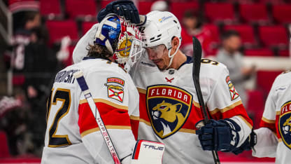 Tomas Nosek #92 of the Florida Panthers celebrates with goaltender Sergei Bobrovsky #72 of the Florida Panthers after defeating the Carolina Hurricanes 5-2 in Game One of the Eastern Conference Final of the 2025 Stanley Cup Playoffs at Lenovo Center on May 20, 2025 in Raleigh, North Carolina. (Photo by Josh Lavallee/NHLI via Getty Images)