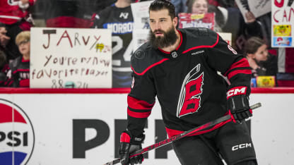 Brent Burns #8 of the Carolina Hurricanes warms up before the game against the Winnipeg Jets at Lenovo Center on March 09, 2025 in Raleigh, North Carolina. (Photo by Josh Lavallee/NHLI via Getty Images)