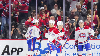 Juraj Slafkovský #20 of the Montréal Canadiens celebrates his first-period goal against the Ottawa Senators with teammates Nick Suzuki #14, Ivan Demidov #93 and Lane Hutson #48 on March 11, 2026 at Canadian Tire Centre in Ottawa, Ontario, Canada. (Photo by André Ringuette/NHLI via Getty Images)