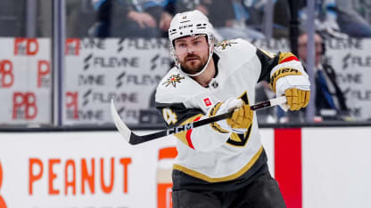 Rasmus Andersson #4 of the Vegas Golden Knights moves the puck during the second period in Game Three of the First Round of the 2026 Stanley Cup Playoffs Utah Mammoth at Delta Center on April 24, 2026 in Salt Lake City, Utah. (Photo by Eli Rehmer/NHLI via Getty Images)