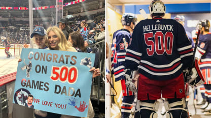 Connor Hellebuyck kids make sign for 500th NHL game