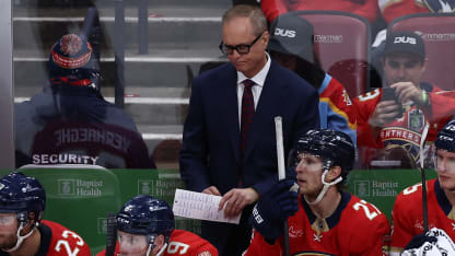 Flood ahead coach Paul Maurice reacts to a Hurricane's goal in the second period during game four of the Stanley Cup Playoffs Eastern Conference Finals between the Carolina Hurricanes and the Florida Panthers on Saturday, May 26, 2025 at Amerant Bank Arena in Sunrise, FL. (Photo by Peter Joneleit/Icon Sportswire via Getty Images)