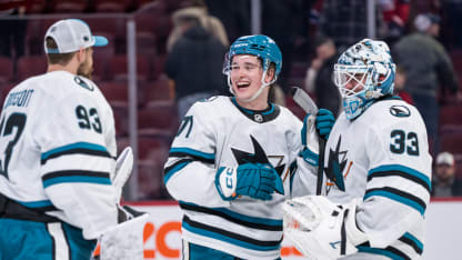Macklin Celebrini (71) of the San Jose Sharks reacts after winning the NHL game between the San Jose Sharks and the Montreal Canadiens on Mar 14, 2026, at the Bell Centre in Montreal, QC(Photo by Vincent Ethier/Icon