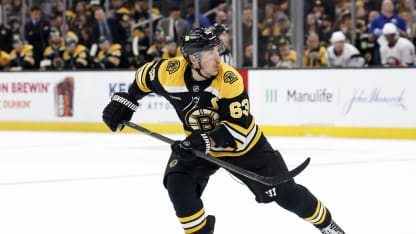 Boston Bruins left wing Brad Marchand (63) during a game between the Boston Bruins and the New York Islanders on February 27, 2025, at TD Garden in Boston, Massachusetts. (Photo by Fred Kfoury III/Icon Sportswire via Getty Images)