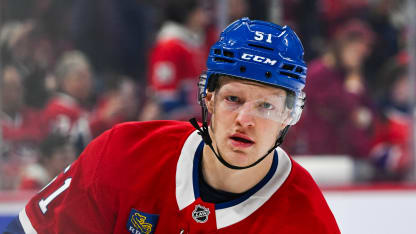 Look on Montreal Canadiens center Oliver Kapanen (91) during warm-up before the St. Louis Blues versus the Montreal Canadiens game on October 26, 2024, at Bell Centre in Montreal, QC (Photo by David Kirouac/Icon Sportswire via Getty Images)