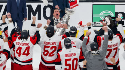 Head coach Rod Brind'Amour of the Carolina Hurricanes celebrates with the Stanley Cup after the team's 3-0 victory over the Vegas Golden Knights in Game Six of the 2026 NHL Stanley Cup Final at T-Mobile Arena on June 14, 2026 in Las Vegas, Nevada. The Hurricanes won the series four games to two. (Photo by Ethan Miller/Getty Images)