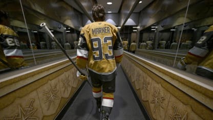 Mitch Marner #93 of the Vegas Golden Knights walks back to the locker prior to the game game against the San Jose Sharks at T-Mobile Arena on October 03, 2025 in Las Vegas, Nevada. (Photo by David Becker/NHLI via Getty Images)