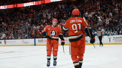 John Carlson #74 of the Anaheim Ducks celebrates scoring a goal with teammate Leo Carlsson #91 in the third period during the game against the San Jose Sharks at Honda Center on April 09, 2026 in Anaheim, California. (Photo by Nicole Vasquez /NHLI via Getty Images )