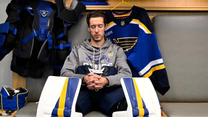 Jordan Binnington #50 of the St. Louis Blues before warmups against the Winnipeg Jets of Game Six of the First Round of the 2025 Stanley Cup Playoffs on May 2, 2025 at the Enterprise Center in St. Louis, Missouri. (Photo by Scott Rovak/NHLI via Getty Images)