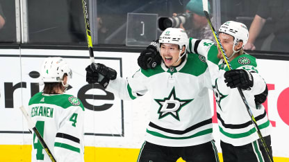 Jason Robertson #21 of the Dallas Stars is congratulated by Miro Heiskanen #4 and Roope Hintz #24 after scoring a goal against the Vegas Golden Knights during the second period in Game Five of the Western Conference Final of the 2023 Stanley Cup Playoffs at T-Mobile Arena on May 27, 2023 in Las Vegas, Nevada. (Photo by Chris Unger/Getty Images)