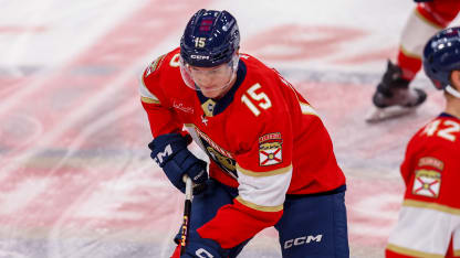 Florida Panthers center Anton Lundell (15) looks on in the pre game warm up during a NHL game between the Tampa Bay Lightning and the Florida Panthers on December 27, 2025 at Amerant Bank Arena in Sunrise, FL.(Photo by Chris Arjoon/Icon Sportswire via Getty Images)
