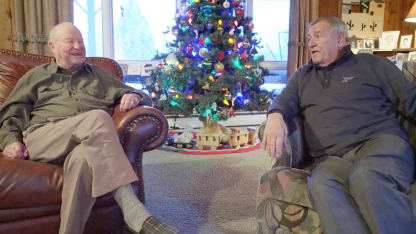 Bob Plager visits with Glenn Hall