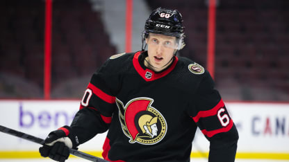 Ottawa Senators Defenceman Lassi Thomson (60) during warm-up before National Hockey League action between the Anaheim Ducks and Ottawa Senators on January 29, 2022, at Canadian Tire Centre in Ottawa, ON, Canada. (Photo by Richard A. Whittaker/Icon Sportswire via Getty Images)