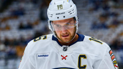 Florida Panthers Center Aleksander Barkov (16) reacts during warmup before the 2025 NHL Stanley Cup playoffs second round game one between the Florida Panthers and the Toronto Maple Leafs on May 5, 2025, at Scotiabank Arena in Toronto, ON, Canada. (Photo by Julian Avram/Icon Sportswire via Getty Images)