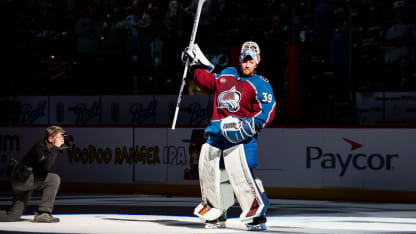Mackenzie Blackwood #39 of the Colorado Avalanche skates in the spotlight as he is recognized as the first star of the game after helping the Avalanche defeat the Philadelphia Flyers 2-0 at Ball Arena on February 02, 2025 in Denver, Colorado. (Photo by Ashley Potts/NHLI via Getty Images)