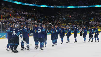 Players of Team Finland celebrate the team's 4-1 victory in the Men's Preliminary Group B match between Finland and Sweden on day seven of the Milano Cortina 2026 Winter Olympic games at Milano Santagiulia Ice Hockey Arena on February 13, 2026 in Milan, Italy. (Photo by Bruce Bennett/Getty Images)