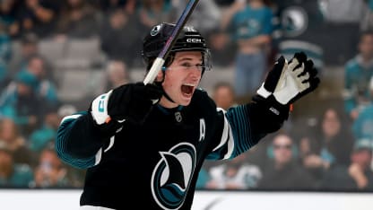 Celebrini posts 3-point first period, hits 100