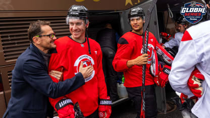 Patrik Elias hugs Nathan Bastian #14 of the New Jersey Devils before practice prior to the 2024 NHL Global Series Challenge on October 2, 2024 in Prague, Czech Republic