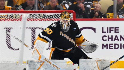 Joel Blomqvist #30 of the Pittsburgh Penguins makes a save against the Minnesota Wild at PPG PAINTS Arena on October 29, 2024 in Pittsburgh, Pennsylvania. (Photo by Joe Sargent/NHLI via Getty Images)