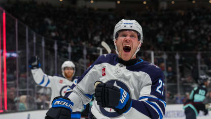 Nikolaj Ehlers #27 of the Winnipeg Jets celebrates an overtime goal during a game against the Seattle Kraken at Climate Pledge Arena on October 24, 2024 in Seattle, Washington. (Photo by Christopher Mast/NHLI via Getty Images)