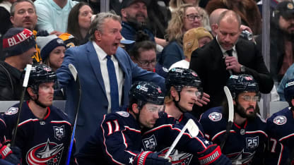Rick Bowness of the Columbus Blue Jackets reacts during the first period against the Boston Bruins at Nationwide Arena on March 29, 2026 in Columbus, Ohio. (Photo by Jason Mowry/Getty Images)