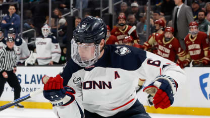 BOSTON, MASSACHUSETTS - MARCH 20: Viking Gustafsson Nyberg #6 of the UConn Huskies skates against the Boston College Eagles during the second period during NCAA men's hockey in the Hockey East Championship semifinal at TD Garden on March 20, 2026 in Boston, Massachusetts. (Photo by Richard T Gagnon/Getty Images)