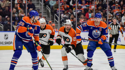 Leon Draisaitl #29 and Connor McDavid #97 of the Edmonton Oilers skate against Bobby Brink #10 and Ryan Poehling #25 of the Philadelphia Flyers during the first period at Rogers Place on October 15, 2024, in Edmonton, Alberta, Canada. (Photo by Leila Devlin/Getty Images)