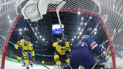 MILAN, ITALY - FEBRUARY 18: (EDITOR’S NOTE: Image was captured using a remote netcam.) Gabriel Landeskog #92 and William Nylander #88 of Team Sweden celebrate after teammate Mika Zibanejad #93 (not pictured) scored a goal against Connor Hellebuyck #37 of Team United States in the third period during the Men's Quarterfinals Playoff match between the United States and Sweden on day 12 of the Milano Cortina 2026 Winter Olympic games at Milano Santagiulia Ice Hockey Arena on February 18, 2026 in Milan, Italy. (Photo by Bruce Bennett/Getty Images)
