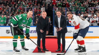 Former NHL hockey players, Jere Lehtinen and Teppo Numminen drop the ceremonial first puck with Roope Hintz #24 of the Dallas Stars and Aleksander Barkov #16 of the Florida Panthers before the 2024 NHL Global Series Finland game at Nokia Arena on November 01, 2024 in Tampere, Finland. The Panthers won 6-4. (Photo by Andre Ringuette/NHLI via Getty Images)