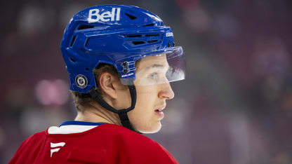 Oliver Kapanen #91 of the Montreal Canadiens looks on during the warm-up of the NHL regular season game between the Montreal Canadiens and the Seattle Kraken at the Bell Centre on October 29, 2024 in Montreal, Quebec, Canada. (Photo by Vitor Munhoz/NHLI via Getty Images)