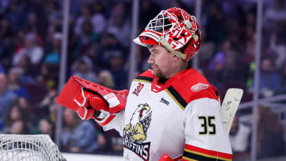 Grand Rapids Griffins goaltender Michal Postava (35) on the ice during the second period of the American Hockey League game between the Grand Rapids Griffins and Cleveland Monsters on March 7, 2026, at Rocket Arena in Cleveland, OH. (Photo by Frank Jansky/Icon Sportswire via Getty Images)